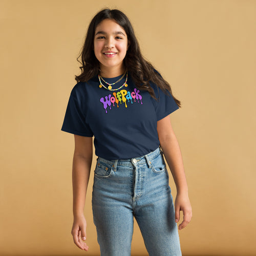 Wolfpack drip logo youth tee, navy, front