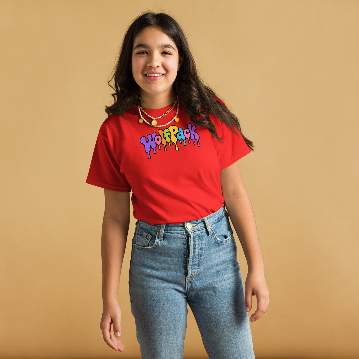 Wolfpack drip logo youth tee, red, front