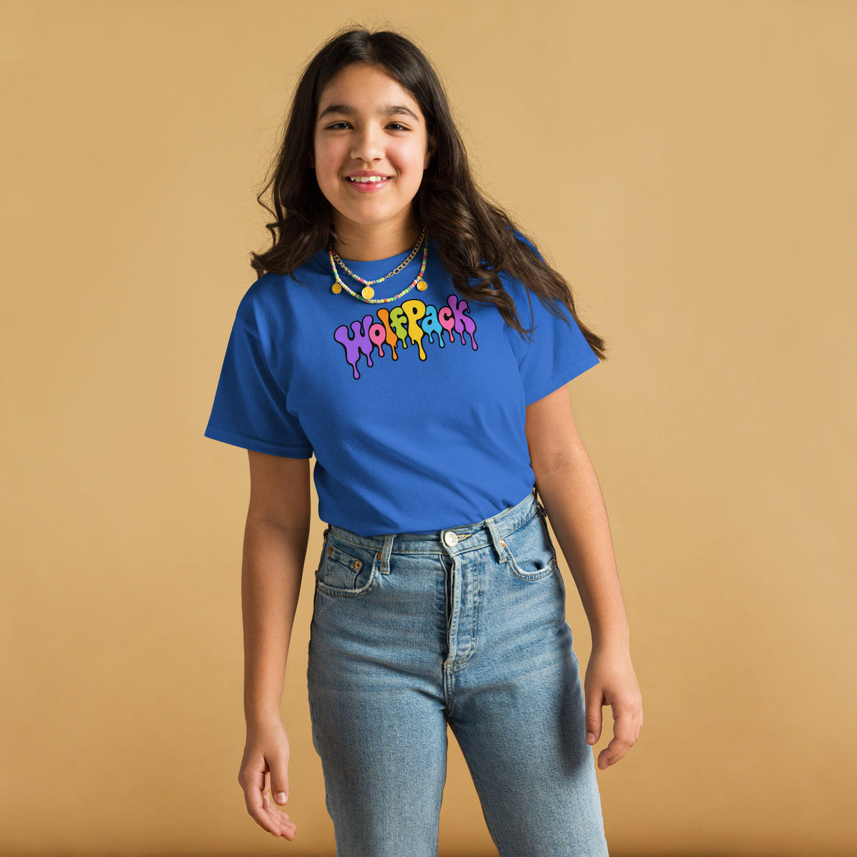 Wolfpack drip logo youth tee, royal blue, front