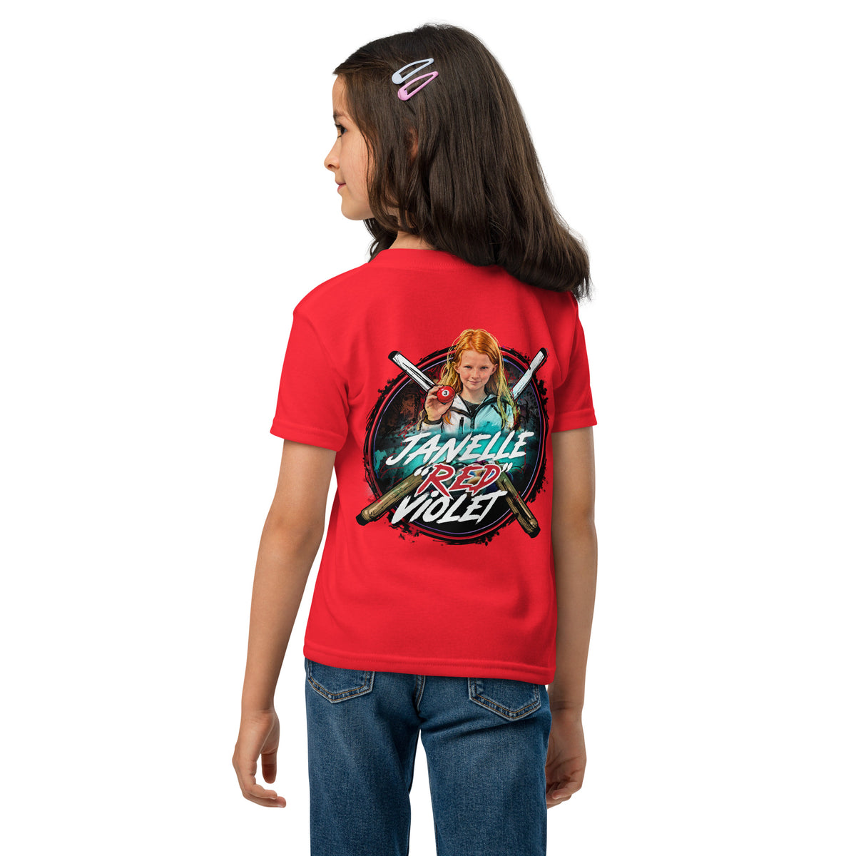 Janelle "Red" Violet Youth Tee, back view
